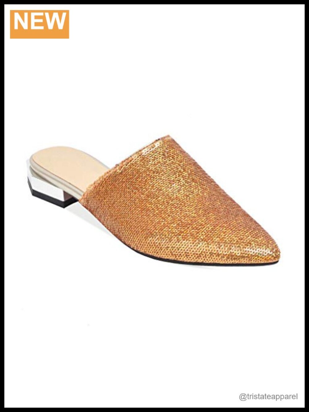 MIOKE Women's Pointed Toe Glitter Sequin Mules Flat Slip On Low Heel Dress Shoes